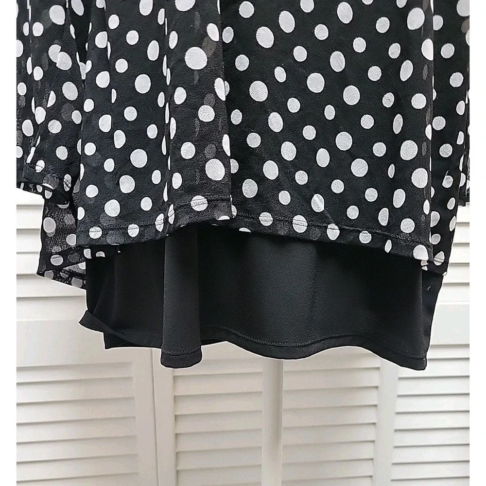 Chicos Sz 3 Lg Women's Black  & White Polka Dot Sheer Over Black Layered Blouse - Picture 3 of 8